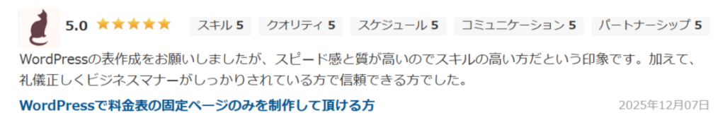 WordPressの表作成をお願いしましたが、スピード感と質が高いのでスキルの高い方だという印象です。加えて、礼儀正しくビジネスマナーがしっかりされている方で信頼できる方でした。